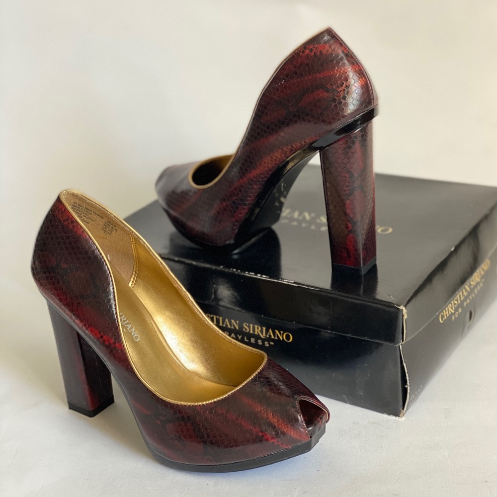 Peep toe snakeskin heels